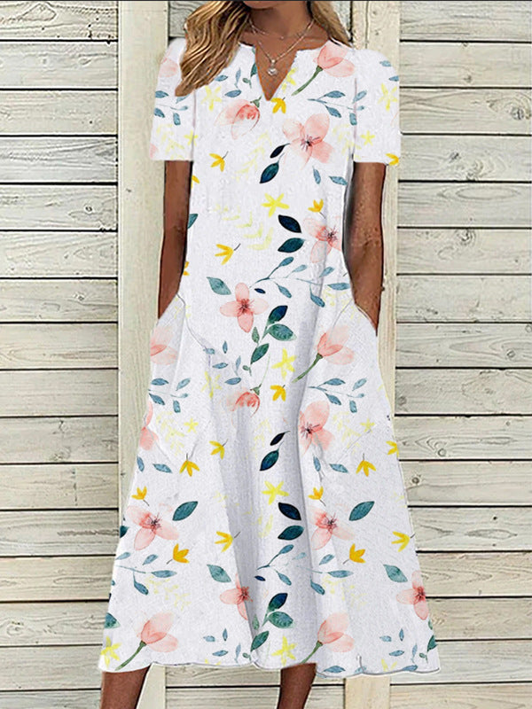 Women's Oil Painting Flower V-neck A- Line Dress