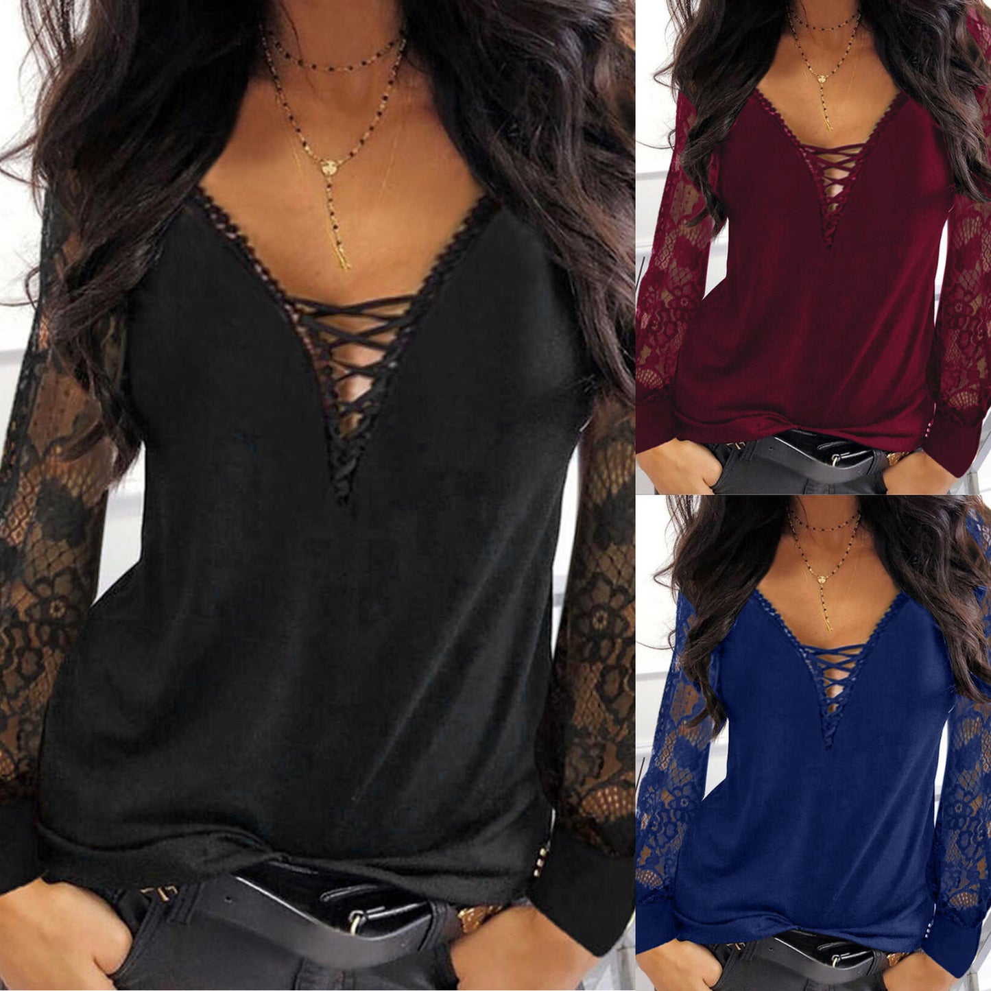 Maglione da pendolare con scollo a V e pizzo a nastro da donna