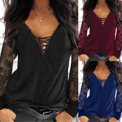 Commuter Pullover V-neck Ribbon Lace Women's Base Shirt