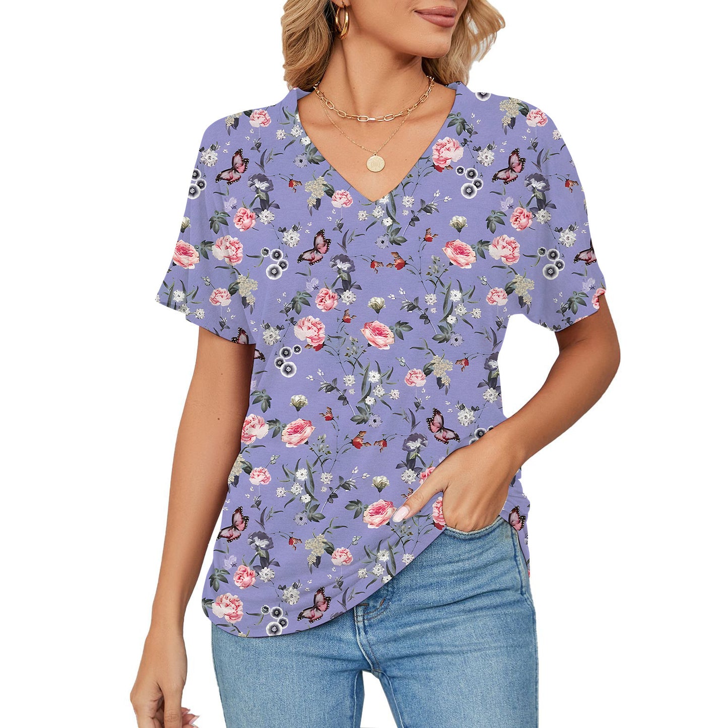 T-shirt da donna, stampa floreale e botanica, maniche corte scollo a V casual