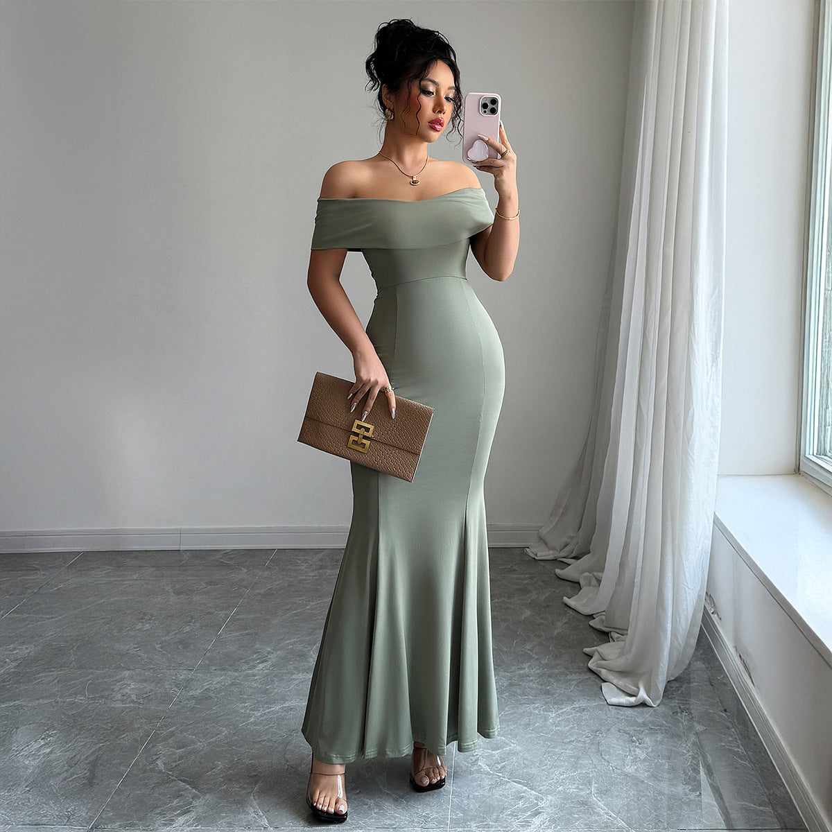 Womens Solid-Color Off-the-Shoulder Slim Long Dress