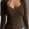 Top in pizzo romantico a maniche lunghe con fiocco