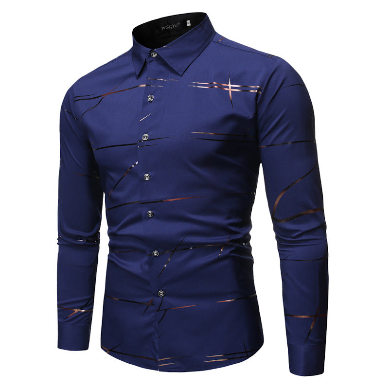 Camicia da uomo a maniche lunghe con stampa bronzata e colletto alla coreana modello Henry