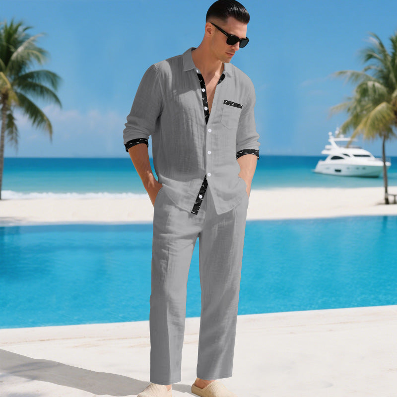 Set due pezzi camicia e pantaloni in lino da uomo