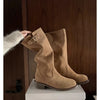 Cowhide Maillard Round Head Buckled Chunky Heel Below The Knee Boots