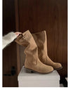 Cowhide Maillard Round Head Buckled Chunky Heel Below The Knee Boots