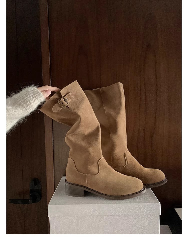 Cowhide Maillard Round Head Buckled Chunky Heel Below The Knee Boots