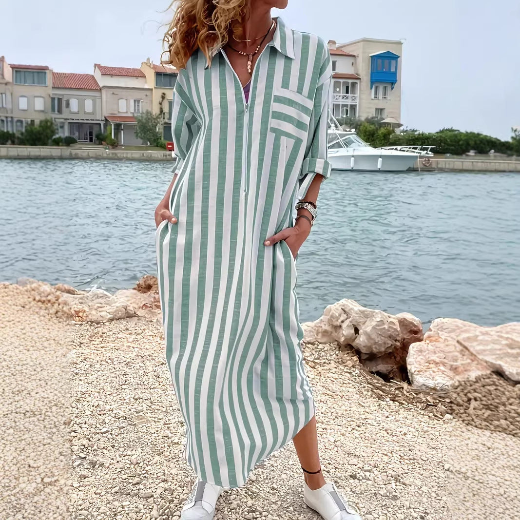 Womens Elegant Casual Loose-Fit Striped Long Shirt Dress