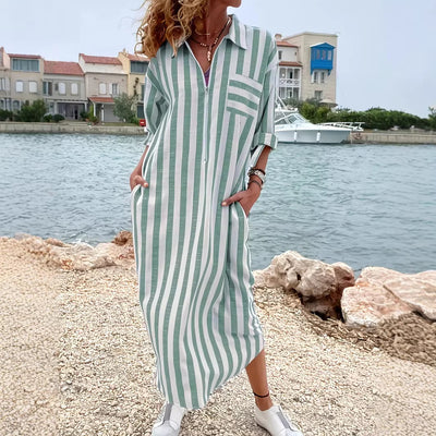 Womens Elegant Casual Loose-Fit Striped Long Shirt Dress