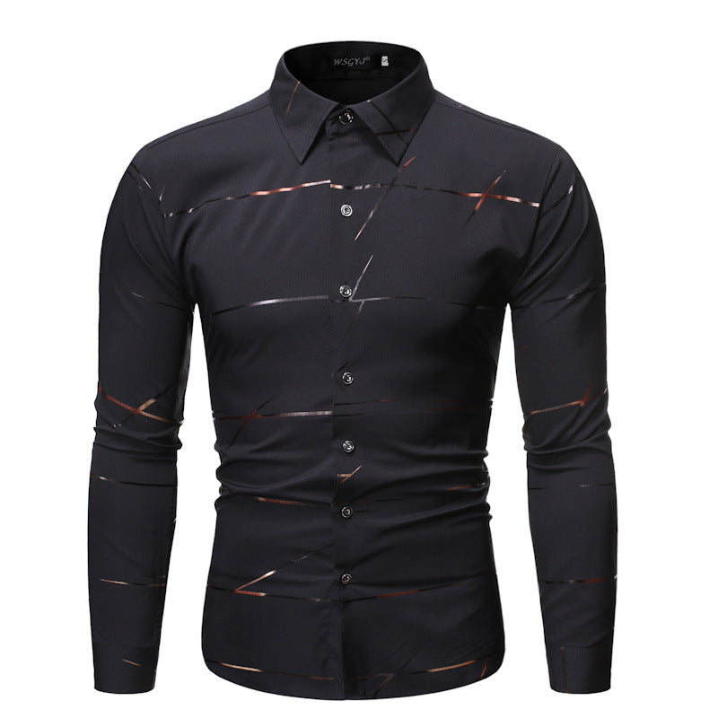 Camicia da uomo a maniche lunghe con stampa bronzata e colletto alla coreana modello Henry