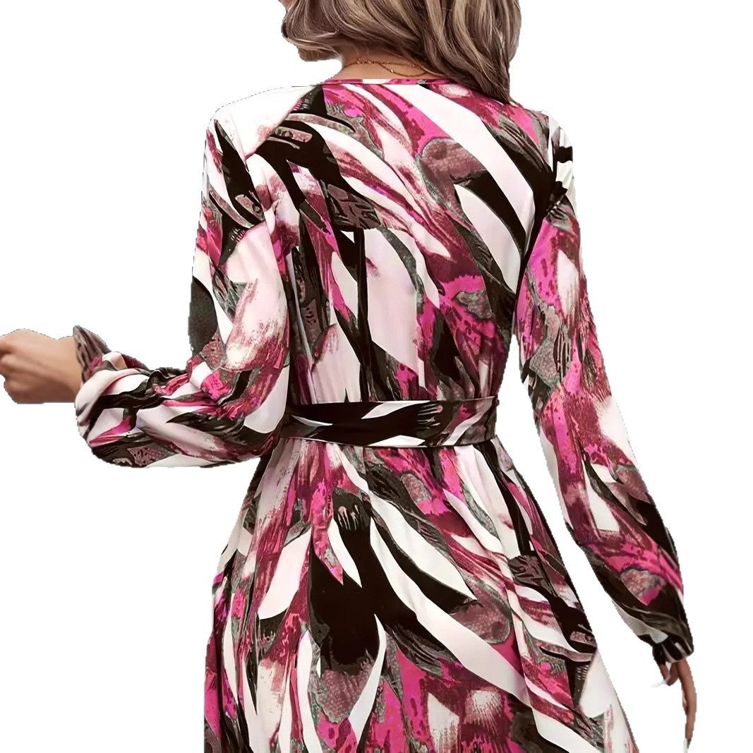 V-neck Printed Waist-controlled Lace-up Bohemian Dress