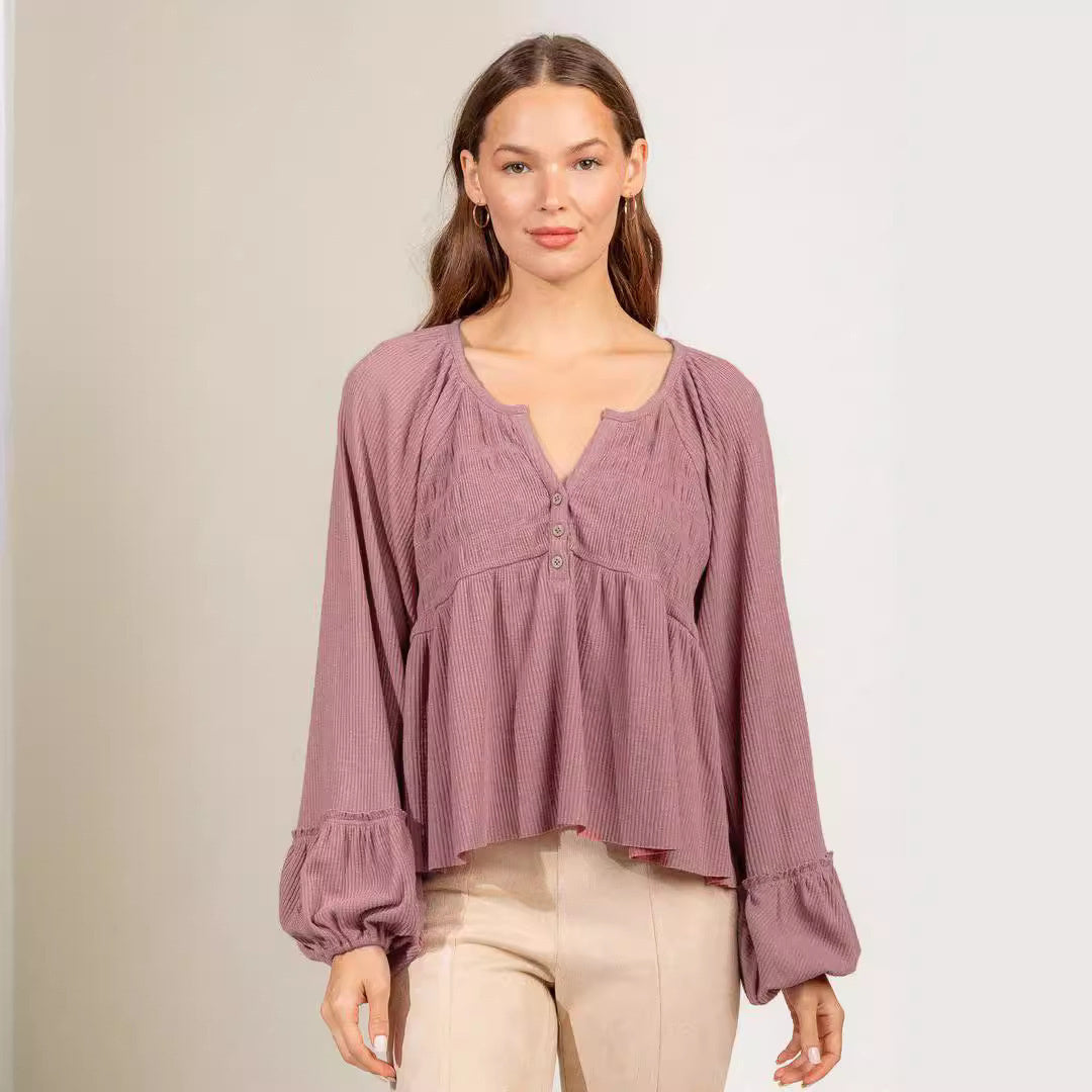 Women's Fashionable Pleated Sunken Stripe Knitted Bottoming Shirt