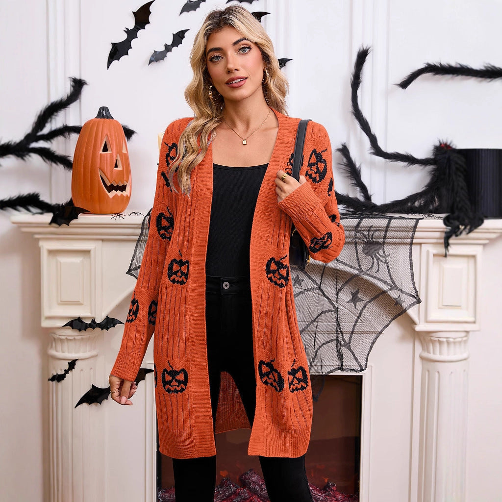 Women's Halloween Pumpkin Head Jacquard Knitted Cardigan Coat Sweater