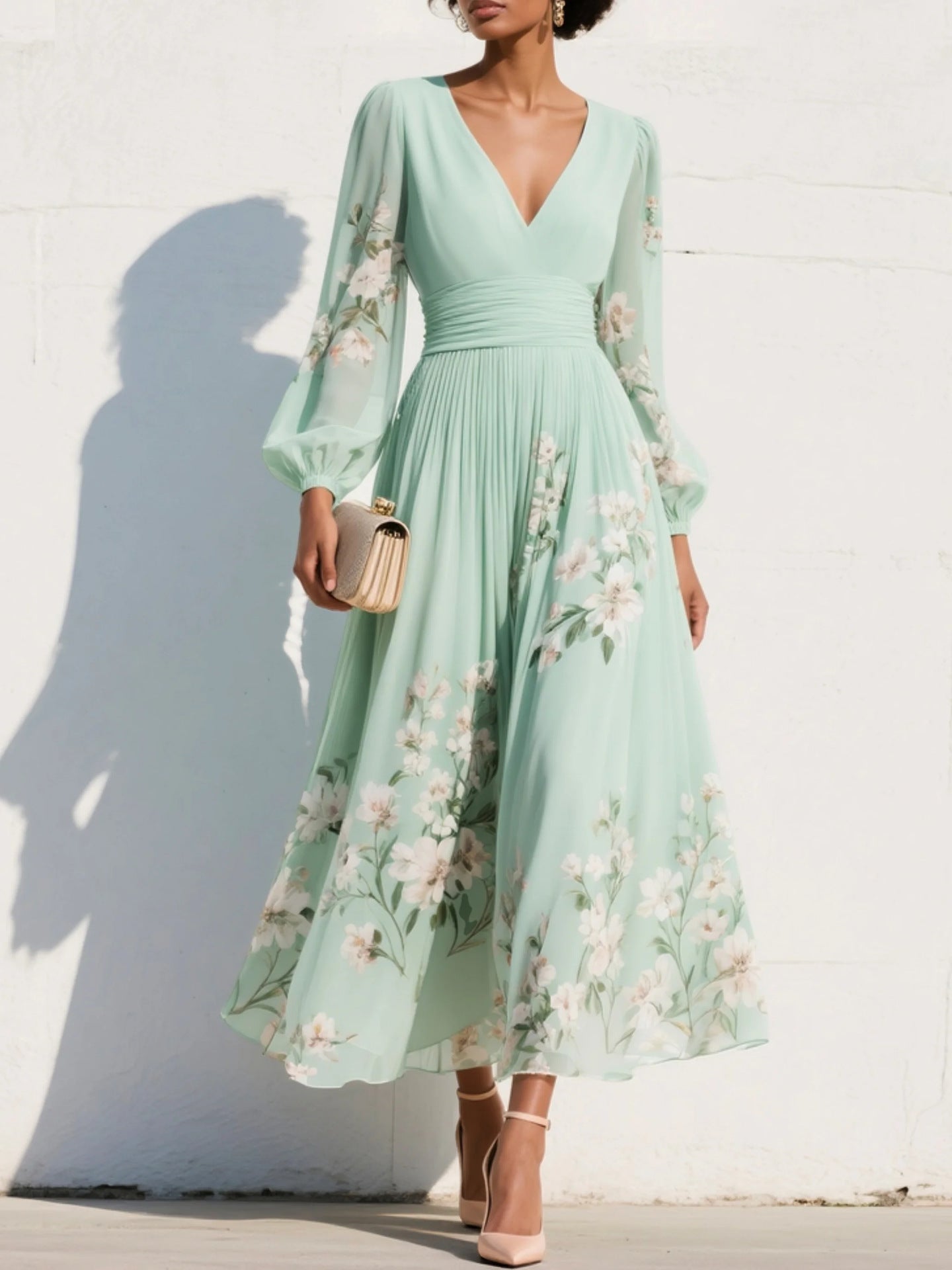 Womens Spring Chiffon Long-Sleeve Pleated Dress