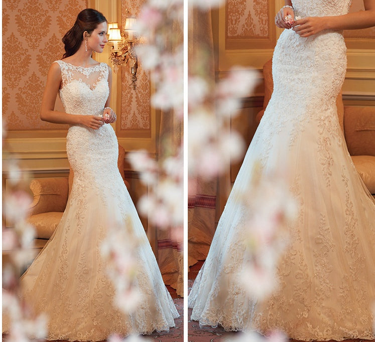 Abito da sposa a sirena Abito da sera senza maniche in pizzo