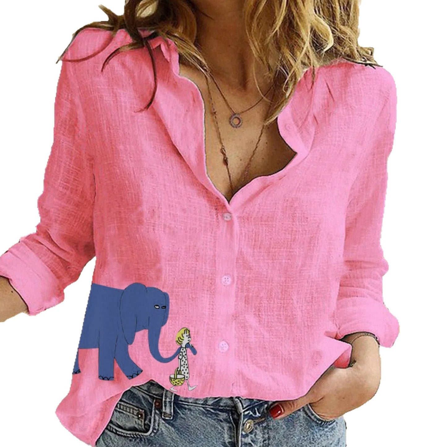Camicia da donna a maniche lunghe con stampa di elefanti