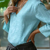 Loose Solid Color V-neck Nine Quarter Sleeved Cotton And Linen T-shirt