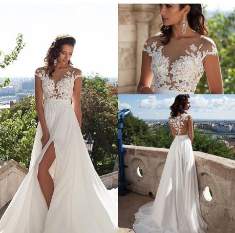 Abito da sposa bohémien con applicazioni, lungo fino al pavimento, in chiffon, abito da sposa elegante con spacco laterale, personalizzato