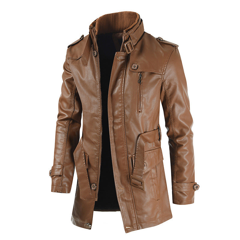 Men's Stand-up Collar And Velvet Mid-length Leather Jacket