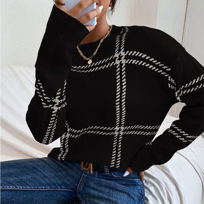 Women's Casual Plaid Color-block Crew Neck Sweater