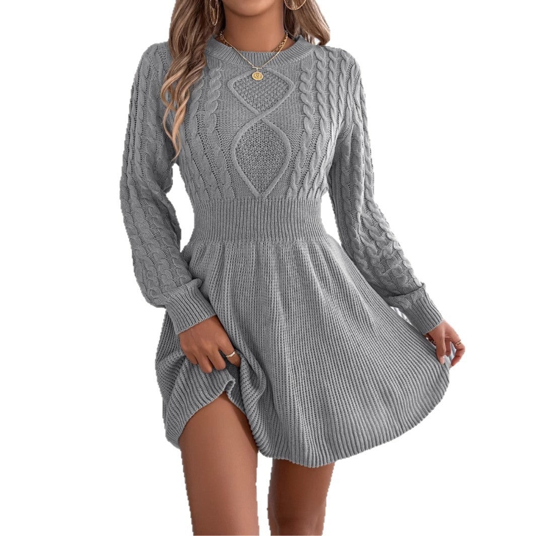 Solid Color Twist Fitted Waist Lantern Long Sleeve Sweater Dress