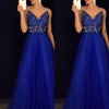 Abito lungo elegante blu in chiffon con perline e schiena scoperta a pois