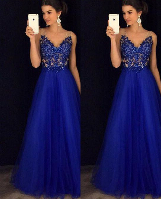 Abito lungo elegante blu in chiffon con perline e schiena scoperta a pois