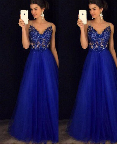Abito lungo elegante blu in chiffon con perline e schiena scoperta a pois