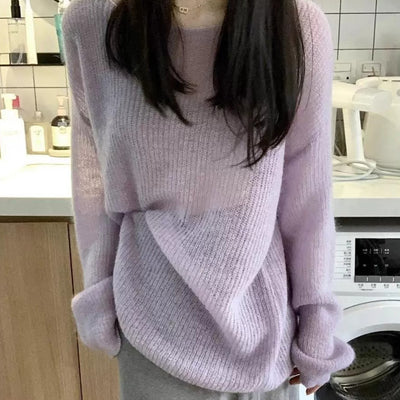 Women's Round Neck Purple Blouse Loose Hollow Out Lightweight Sweater