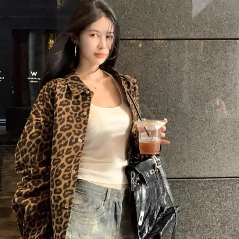 Cappotto da donna retrò a maniche lunghe con risvolto e stampa leopardata