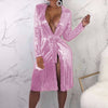 Deep V-neck Shiny Lace-up Long-sleeved Sexy Split Fringe Dress