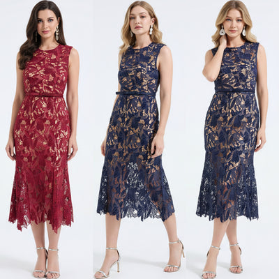 Lace Hollowed Out Sleeveless Waist Cinched Fish Tail Dress