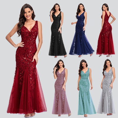 Vestito lungo sexy senza maniche con scollo a V ricamato con paillettes slim a sirena