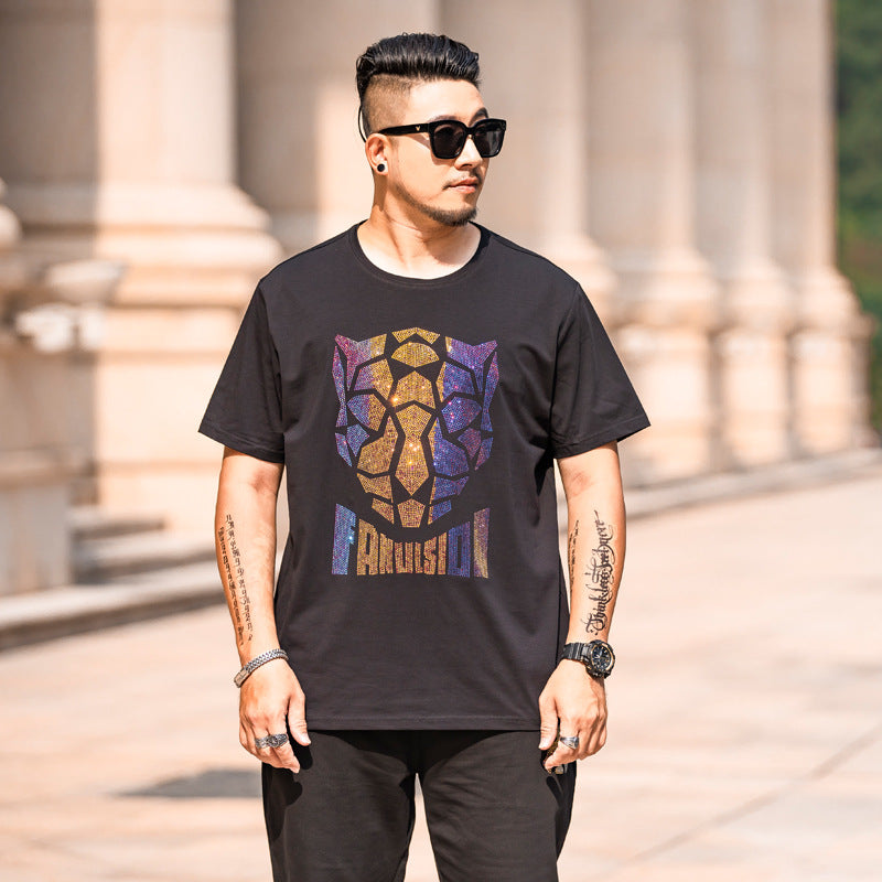 T-shirt a maniche corte da uomo con strass, modello Fashion Personality, taglie forti