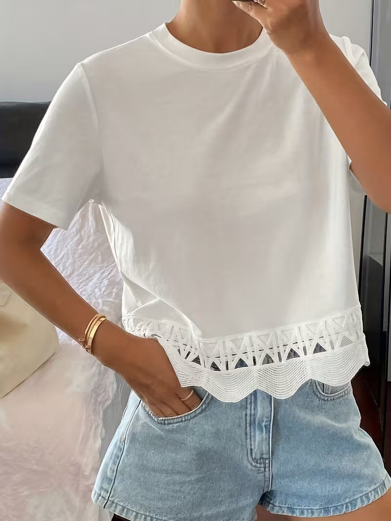 Women's Solid Color Versatile Hollow-Out Spliced Short-Sleeve