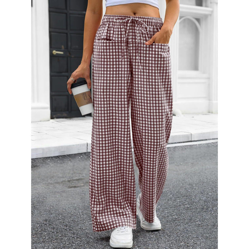 Pantaloni Loungeleisure Gessati a Vita Alta con Gamba Larga e Coulisse