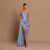 Womens Deep-V Waist-Cinching Satin Split Dress