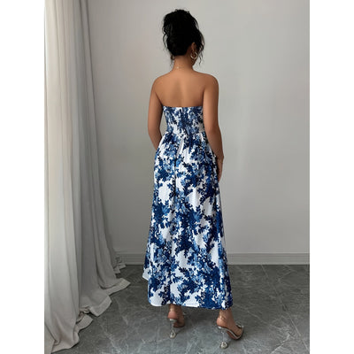 Womens Strapless Printed Casual A Line Dress