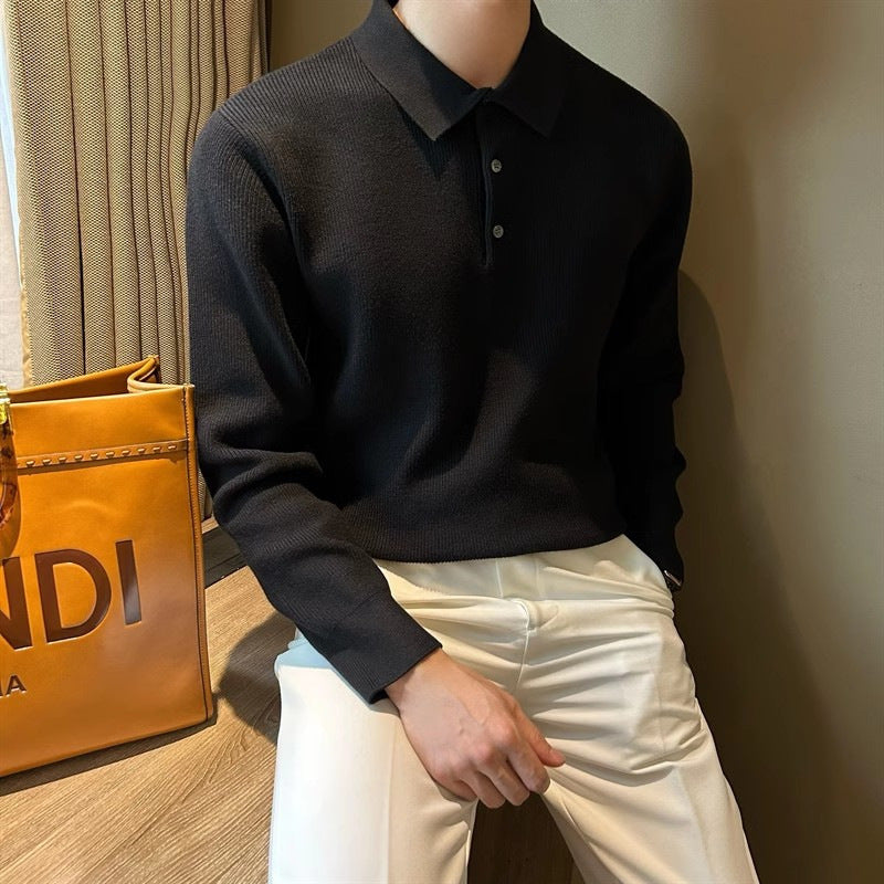 Lapel Long Sleeve Men's Retro Loose Casual Solid Color Sweater