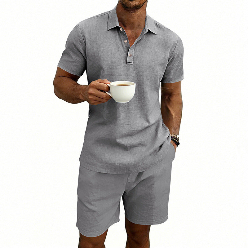Set di pantaloncini e camicia a maniche corte casual da uomo in lino