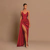 Womens Deep-V Waist-Cinching Satin Split Dress