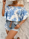 Off-Shoulder Floral Ruffle-Sleeve Womens Short-Sleeve Top
