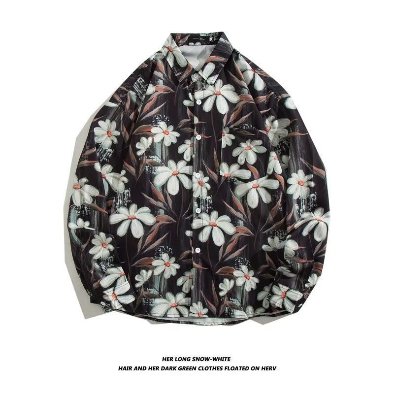 Men's Loose Hong Kong Style Retro Long Sleeve Printed Shirt