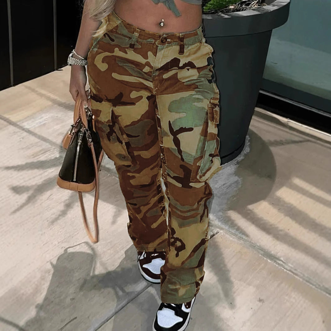 Ins Style High Waist Straight Multicolor Camouflage Overalls
