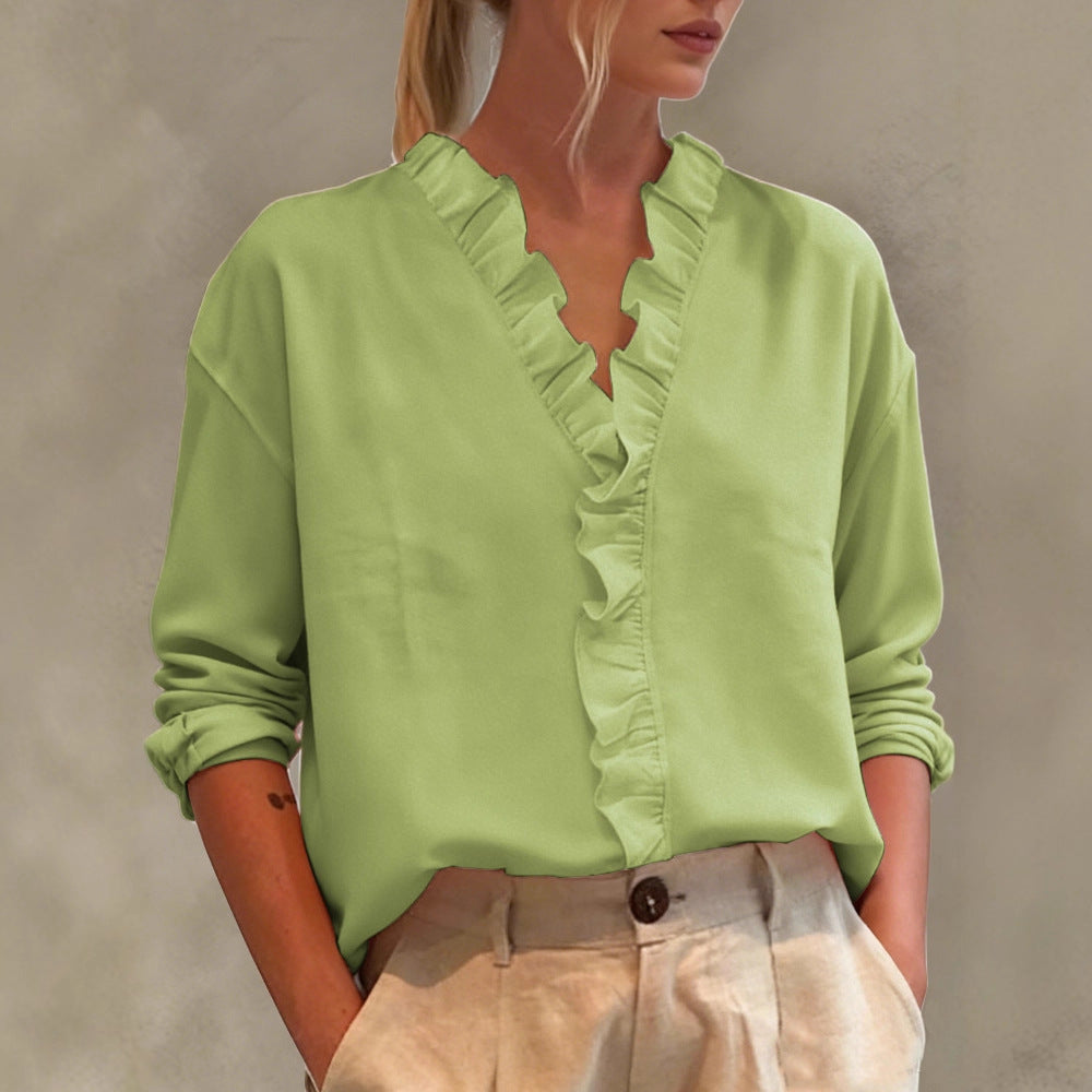 Camicetta da donna casual a maniche lunghe con scollo a V e bordo in pizzo