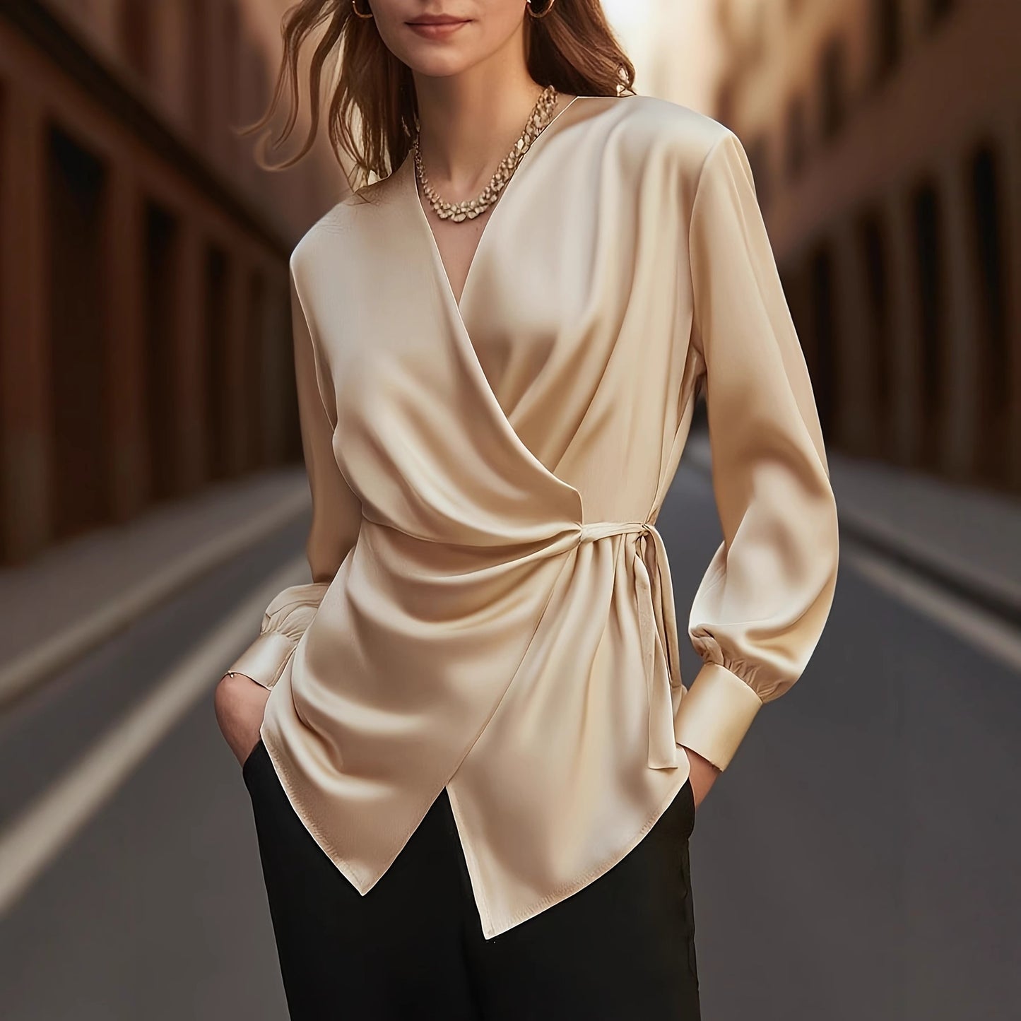 Design elegante e alla moda a tinta unita da donna a maniche lunghe