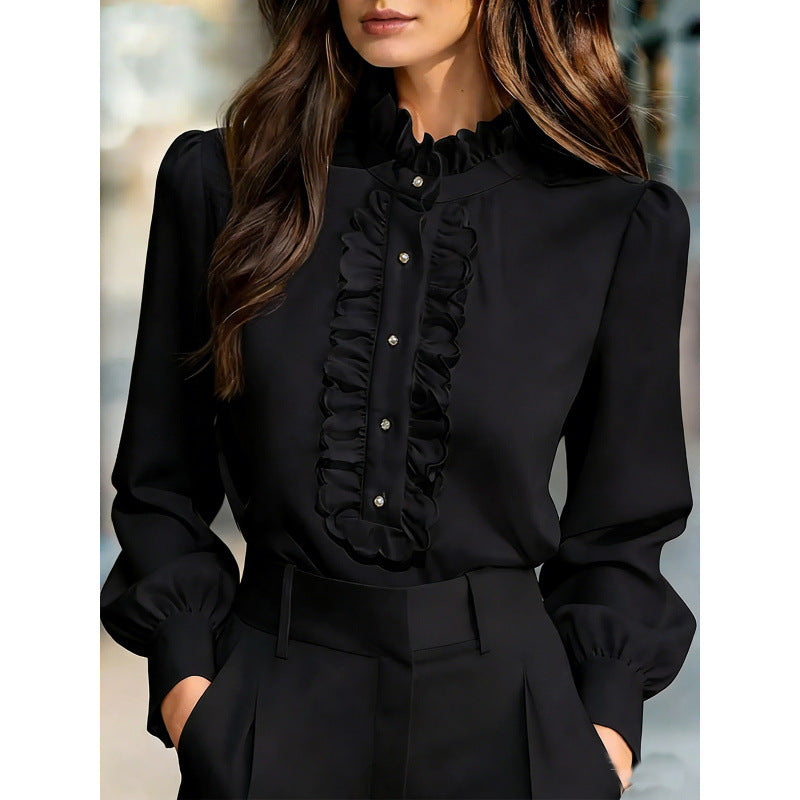 Womens Solid-Color French-Elegant Ruffle-Trimmed Shirt