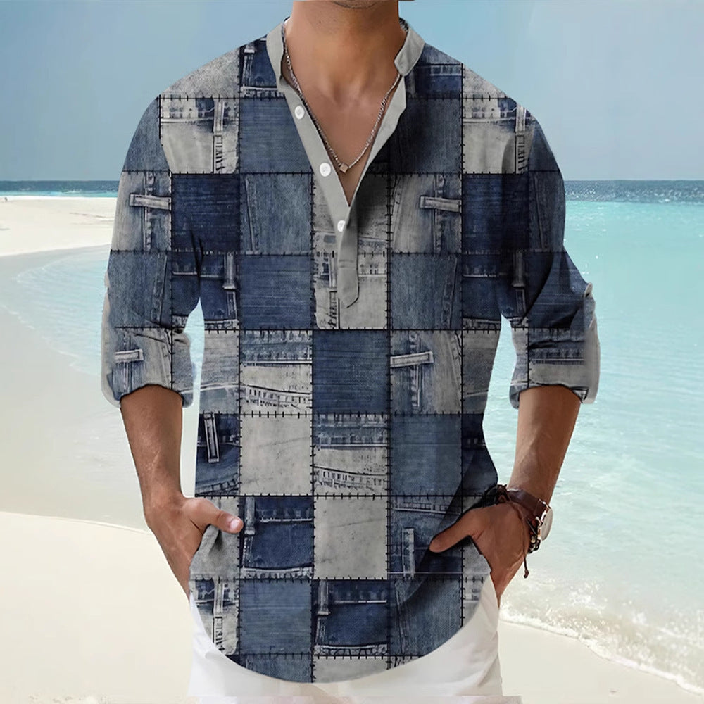 Thin Casual Digital Bamboo Linen Hawaiian Long Sleeve Shirt