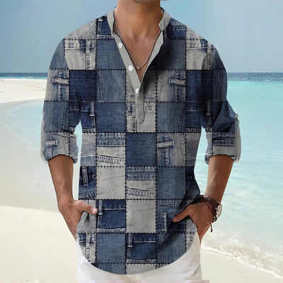 Thin Casual Digital Bamboo Linen Hawaiian Long Sleeve Shirt