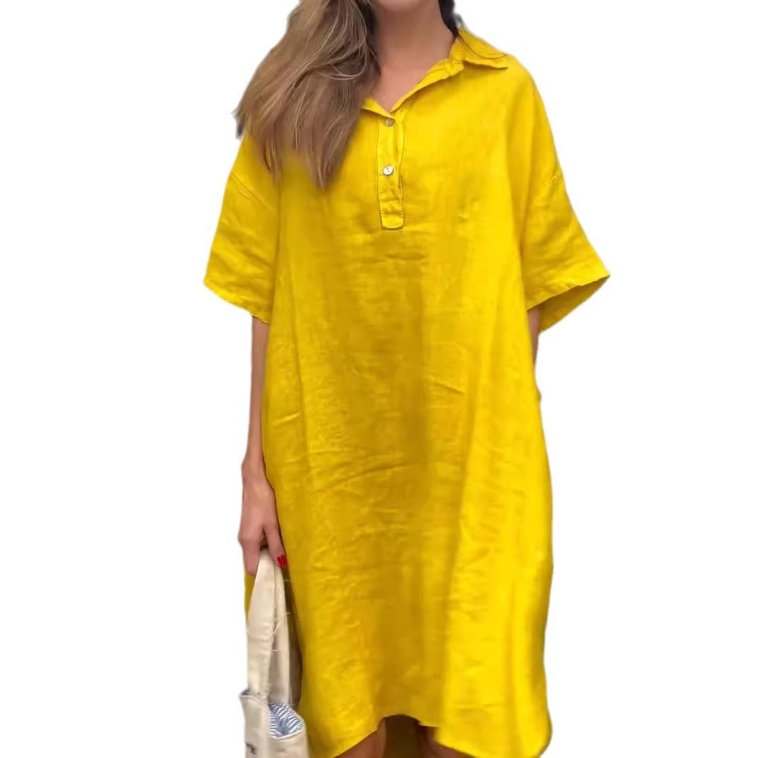 New Solid-color Casual Cotton-linen Long Dress With A Turn-down Collar And Buttons